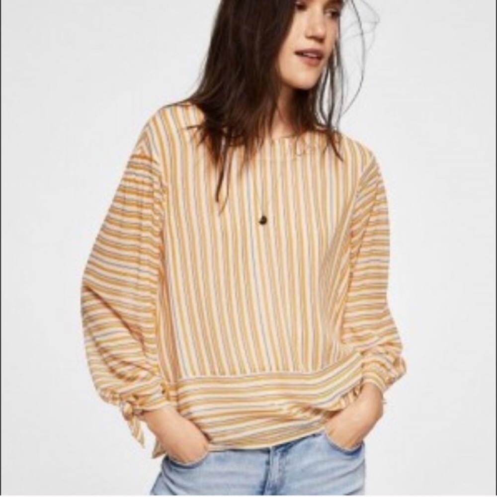 Mango Chiffon striped yellow blouse top NWT